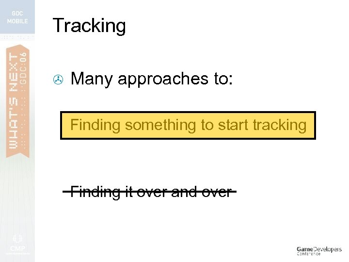 Tracking > Many approaches to: Finding something to start tracking Finding it over and