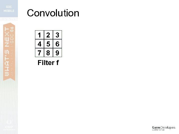 Convolution 1 2 3 4 5 6 7 8 9 Filter f 