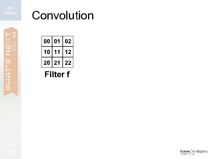 Convolution 00 01 02 10 11 12 20 21 22 Filter f 