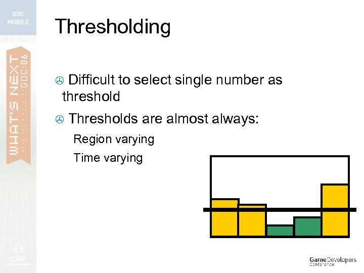 Thresholding Difficult to select single number as threshold > > Thresholds are almost always: