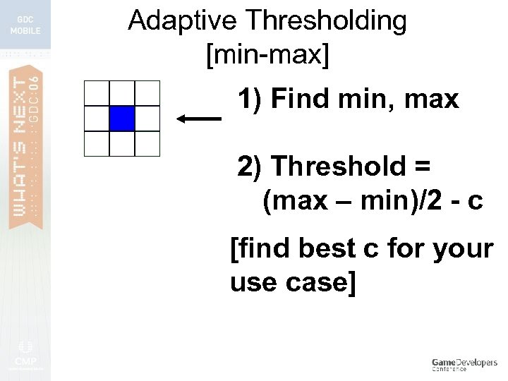 Adaptive Thresholding [min-max] 1) Find min, max 2) Threshold = (max – min)/2 -