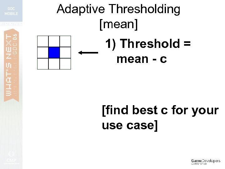 Adaptive Thresholding [mean] 1) Threshold = mean - c [find best c for your