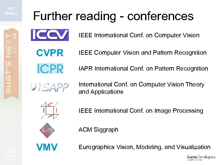 Further reading - conferences IEEE International Conf. on Computer Vision CVPR IEEE Computer Vision