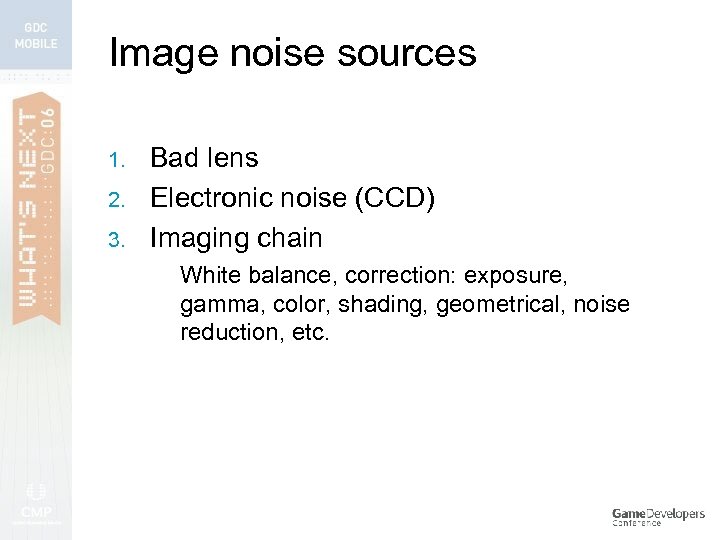 Image noise sources 1. 2. 3. Bad lens Electronic noise (CCD) Imaging chain 1.