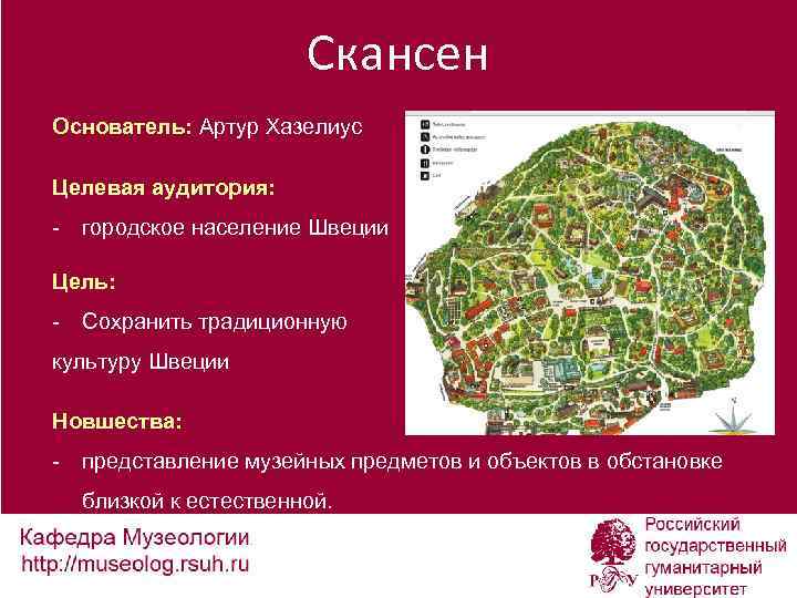Скансен Основатель: Артур Хазелиус Целевая аудитория: - городское население Швеции Цель: - Сохранить традиционную