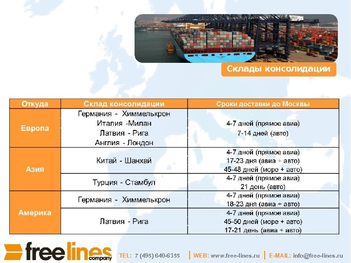 Склады консолидации TEL: 7 (495) 640 -6355 WEB: www. free-lines. ru E-MAIL: info@free-lines. ru