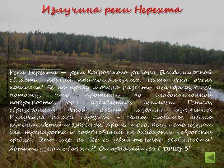 Излучина реки Нерехта Девчонки рядом плещутся, Нерехта! Нерехта Визжат на все лады. Река такая