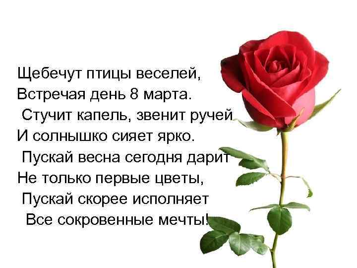 Щебечут птицы веселей, Встречая день 8 марта. Стучит капель, звенит ручей И солнышко сияет