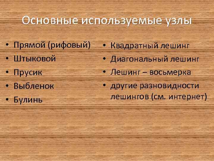 Основные используемые узлы • • • Прямой (рифовый) Штыковой Прусик Выбленок Булинь • •