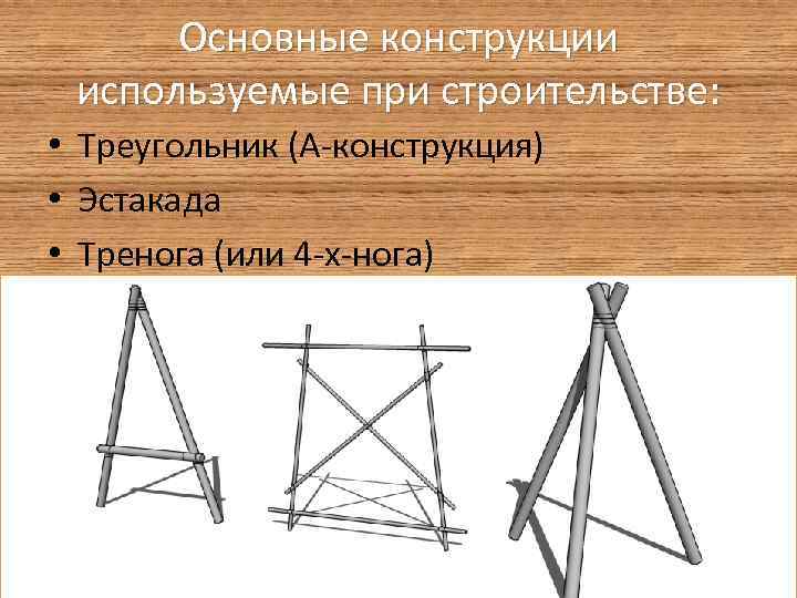 Основные конструкции используемые при строительстве: • Треугольник (A-конструкция) • Эстакада • Тренога (или 4