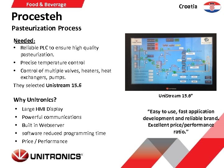 Food & Beverage Procesteh Croatia Pasteurization Process Needed: • Reliable PLC to ensure high