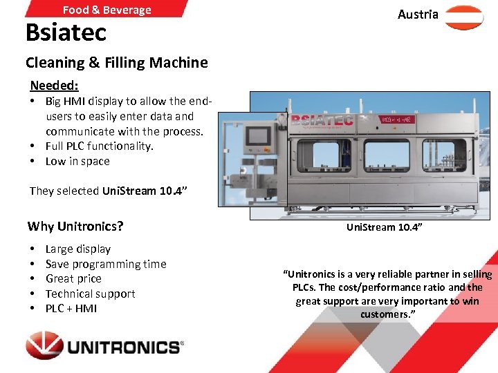 Food & Beverage Bsiatec Austria Cleaning & Filling Machine Needed: • Big HMI display