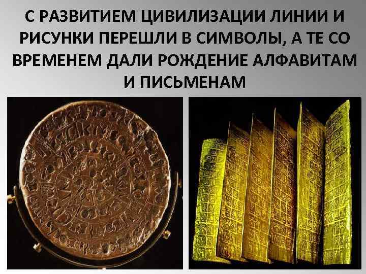 С РАЗВИТИЕМ ЦИВИЛИЗАЦИИ ЛИНИИ И РИСУНКИ ПЕРЕШЛИ В СИМВОЛЫ, А ТЕ СО ВРЕМЕНЕМ ДАЛИ