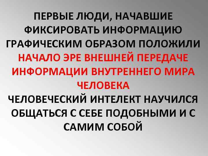 ПЕРВЫЕ ЛЮДИ, НАЧАВШИЕ ФИКСИРОВАТЬ ИНФОРМАЦИЮ ГРАФИЧЕСКИМ ОБРАЗОМ ПОЛОЖИЛИ НАЧАЛО ЭРЕ ВНЕШНЕЙ ПЕРЕДАЧЕ ИНФОРМАЦИИ ВНУТРЕННЕГО