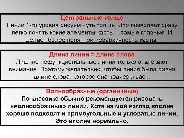 Центральные толще Линии 1 -го уровня рисуем чуть толще. Это позволяет сразу легко понять