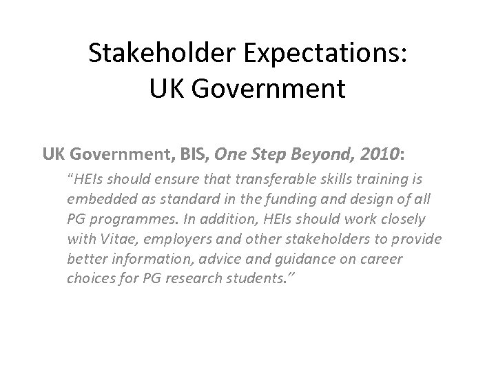 Stakeholder Expectations: UK Government, BIS, One Step Beyond, 2010: “HEIs should ensure that transferable