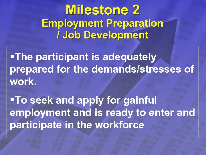 Slide 10 Milestone 2 © 2003 By Default! Employment Preparation / Job Development §The