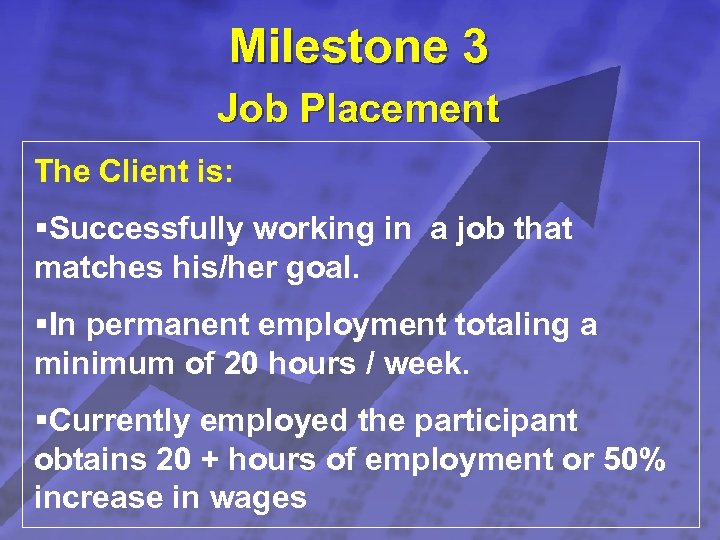 Slide 13 © 2003 By Default! Milestone 3 Job Placement The Client is: §Successfully