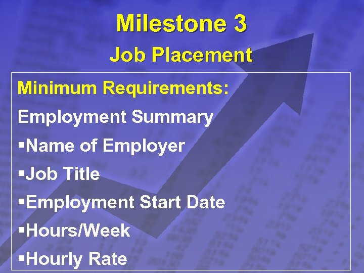 Slide 14 © 2003 By Default! Milestone 3 Job Placement Minimum Requirements: Employment Summary