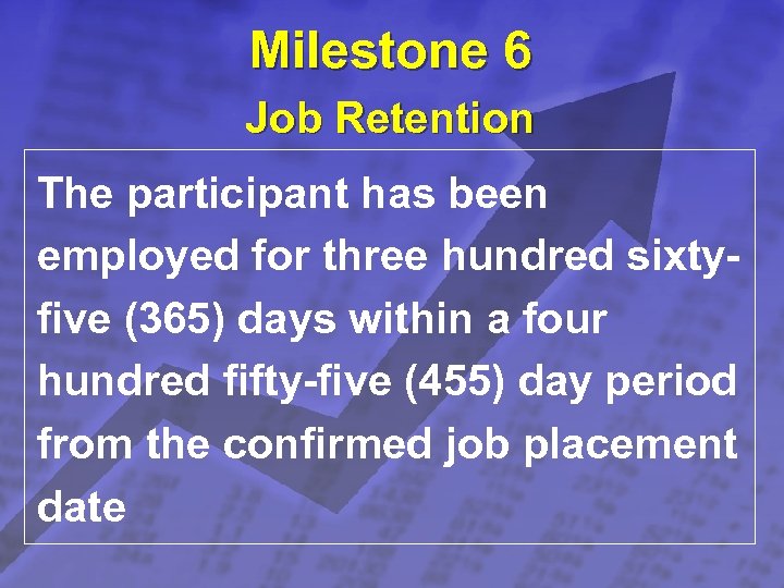 Slide 19 © 2003 By Default! Milestone 6 Job Retention The participant has been