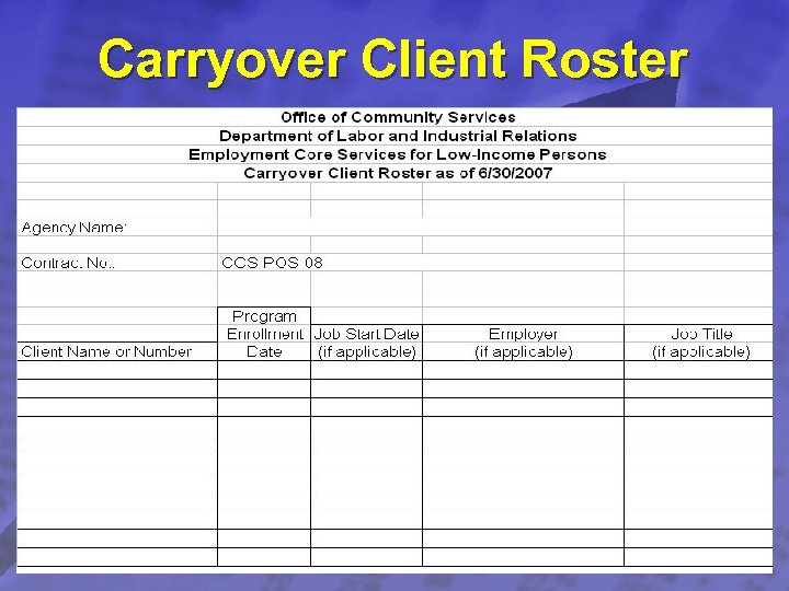Slide 30 © 2003 By Default! Carryover Client Roster A Free sample background from