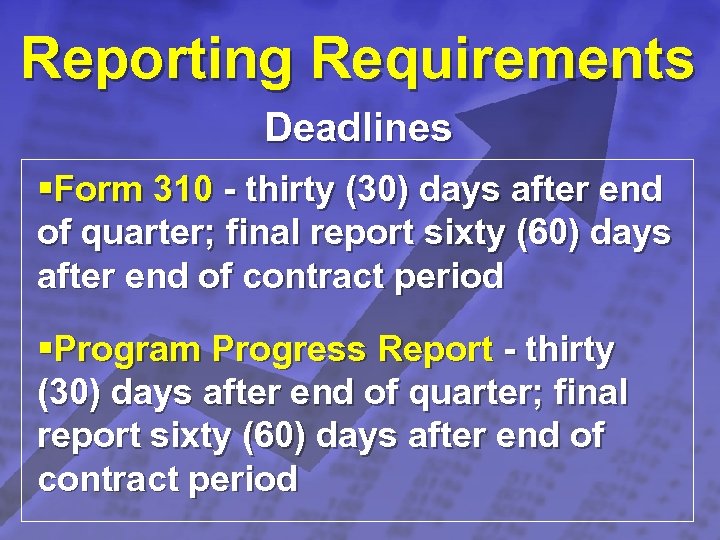 Slide 33 © 2003 By Default! Reporting Requirements Deadlines §Form 310 - thirty (30)