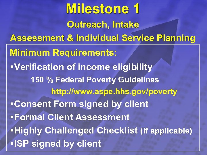 Slide 8 Milestone 1 © 2003 By Default! Outreach, Intake Assessment & Individual Service