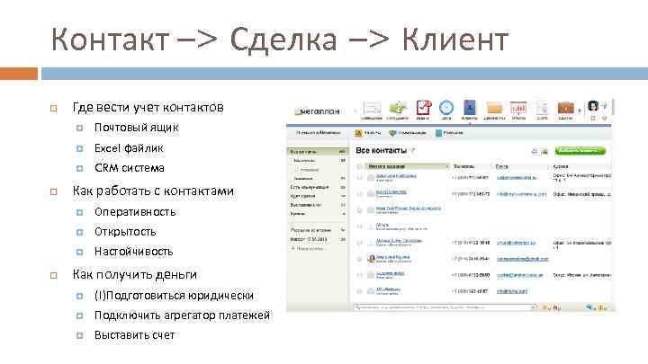 Контакт –> Сделка –> Клиент Где вести учет контактов Excel файлик Почтовый ящик CRM