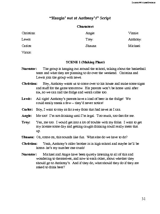Lesson #6 Assertiveness “Hangin’ out at Anthony’s” Script Characters Christina: Angie: Vinnie: Lewis: Trey: