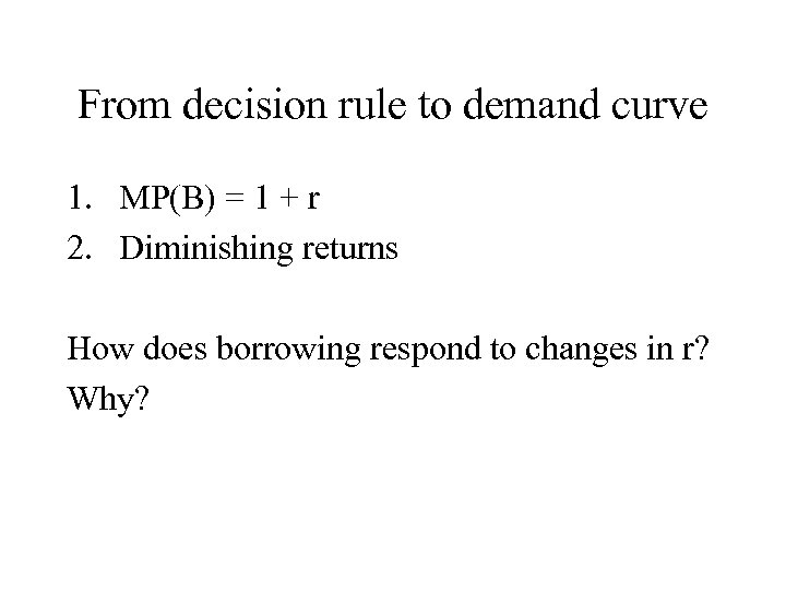 From decision rule to demand curve 1. MP(B) = 1 + r 2. Diminishing