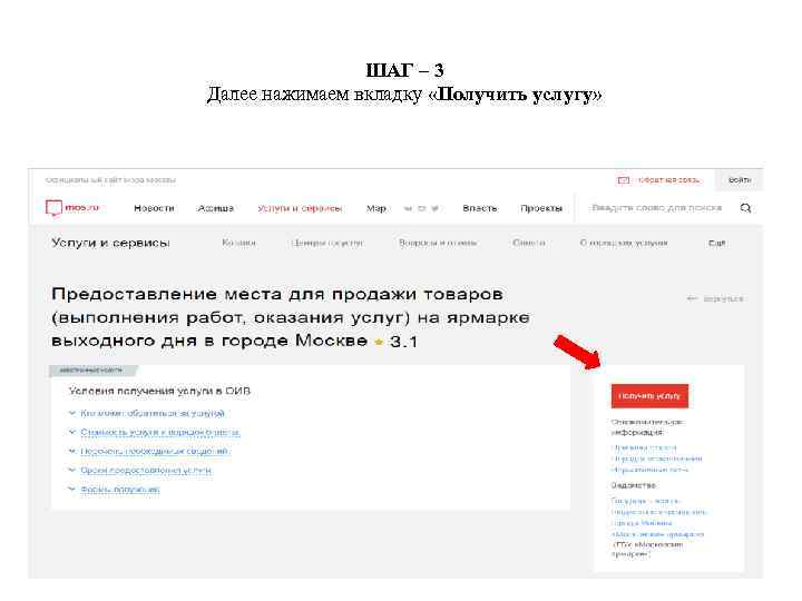 ШАГ – 3 Далее нажимаем вкладку «Получить услугу» 