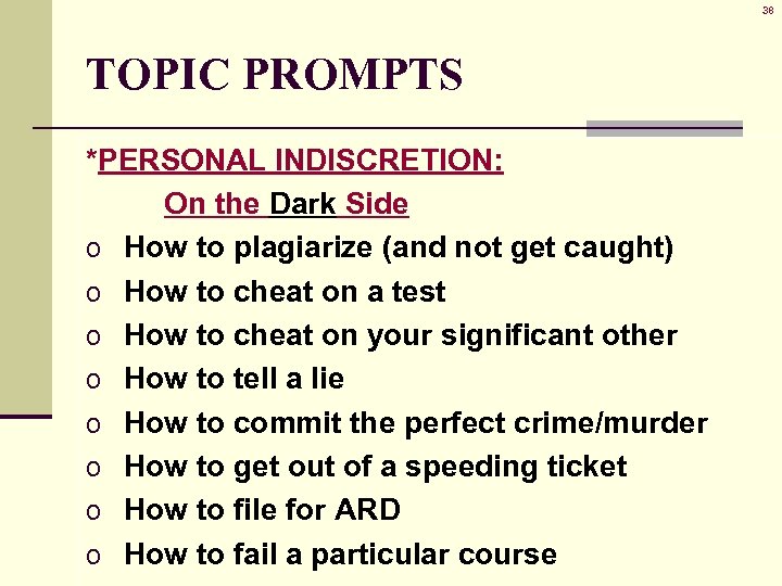 38 TOPIC PROMPTS *PERSONAL INDISCRETION: On the Dark Side o How to plagiarize (and