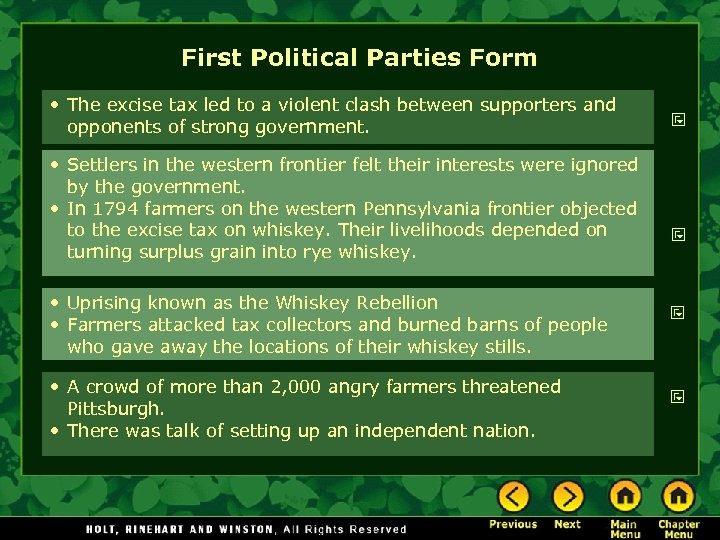 First Political Parties Form • The excise tax led to a violent clash between