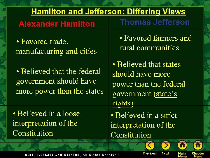 Hamilton and Jefferson: Differing Views Thomas Jefferson Alexander Hamilton • Favored trade, manufacturing and