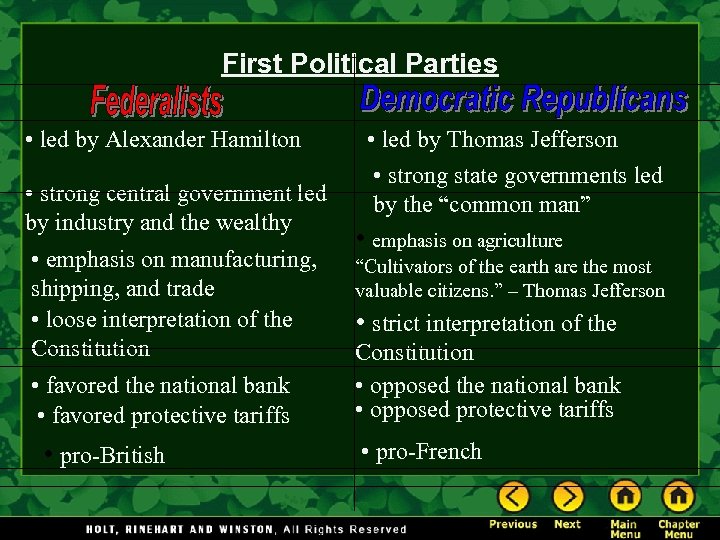 First Political Parties • led by Alexander Hamilton • strong central government led by