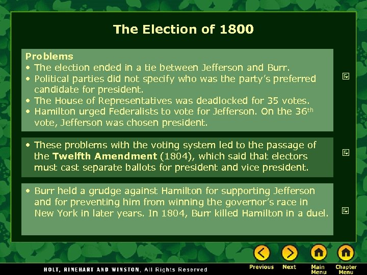 The Election of 1800 Problems • The election ended in a tie between Jefferson