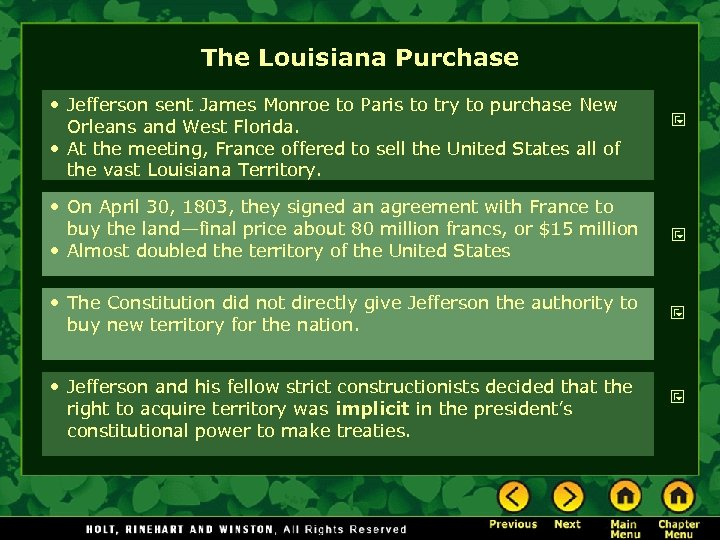The Louisiana Purchase • Jefferson sent James Monroe to Paris to try to purchase