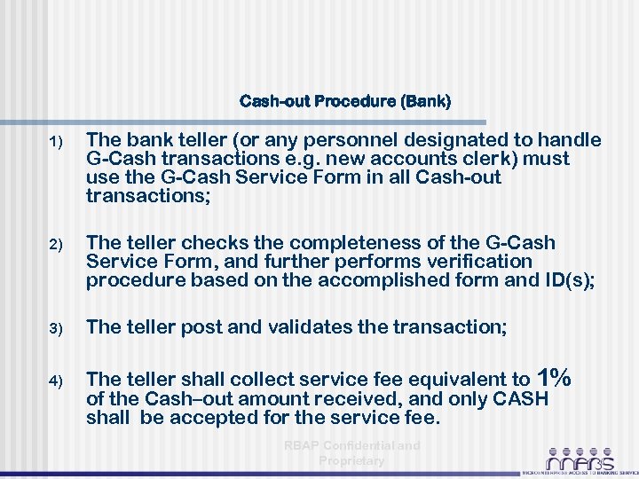 Cash-out Procedure (Bank) 1) The bank teller (or any personnel designated to handle G-Cash
