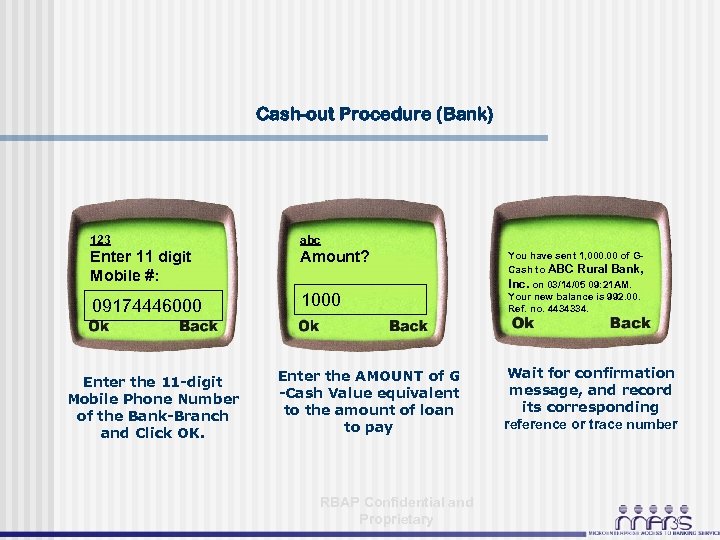 Cash-out Procedure (Bank) 123 abc Enter 11 digit Mobile #: Amount? 09174446000 1000 Enter