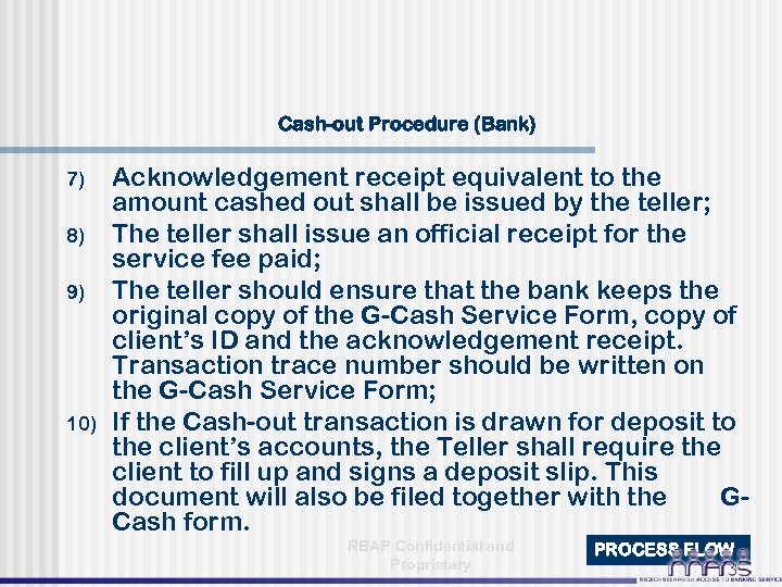 Cash-out Procedure (Bank) 7) 8) 9) 10) Acknowledgement receipt equivalent to the amount cashed