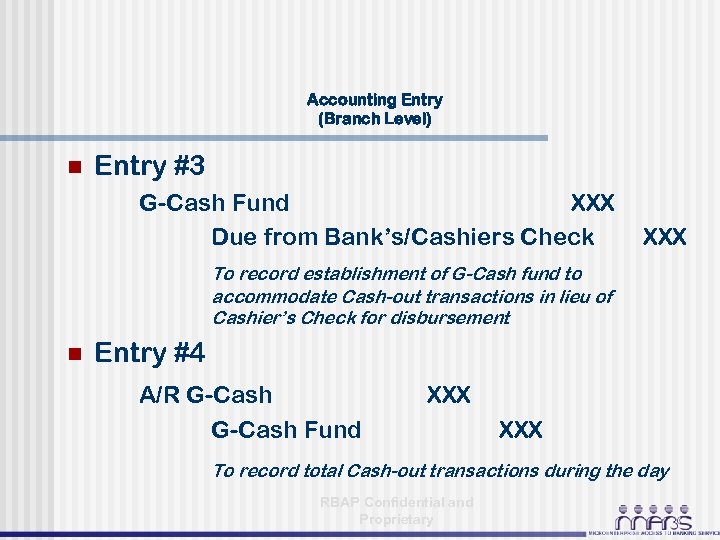 Accounting Entry (Branch Level) n Entry #3 G-Cash Fund XXX Due from Bank’s/Cashiers Check