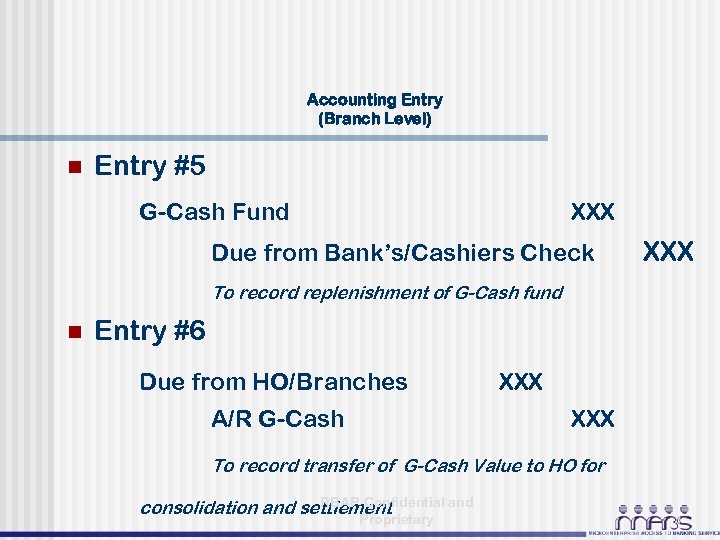 Accounting Entry (Branch Level) n Entry #5 G-Cash Fund XXX Due from Bank’s/Cashiers Check
