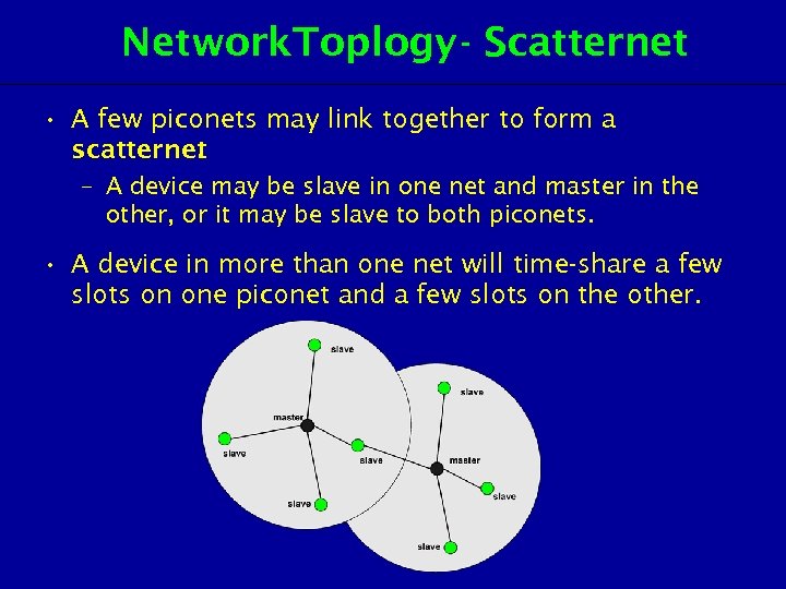 Network. Toplogy - Scatternet • A few piconets may link together to form a