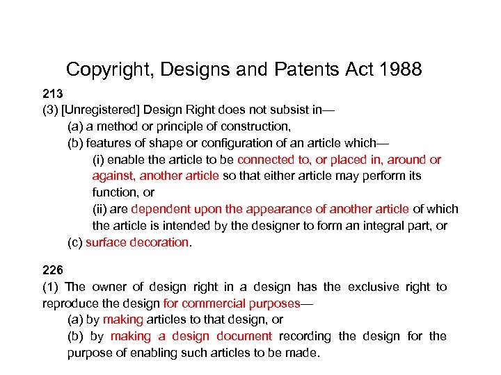 Copyright, Designs and Patents Act 1988 213 (3) [Unregistered] Design Right does not subsist