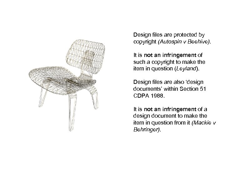 Design files are protected by copyright (Autospin v Beehive). It is not an infringement