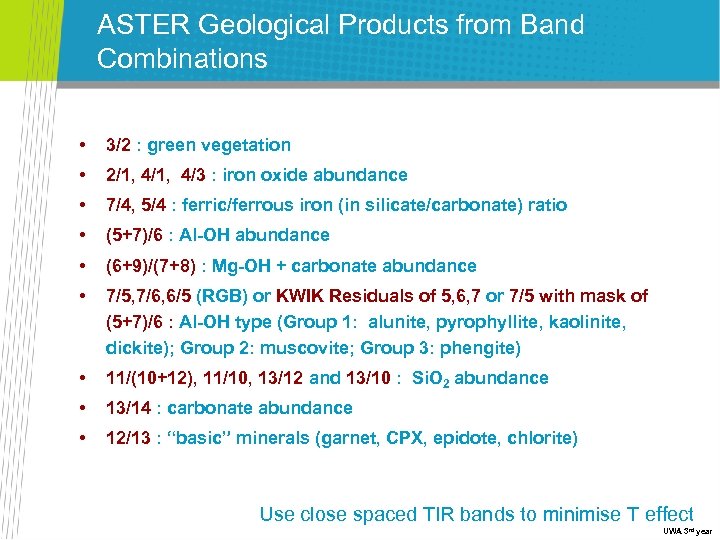ASTER Geological Products from Band Combinations • 3/2 : green vegetation • 2/1, 4/3