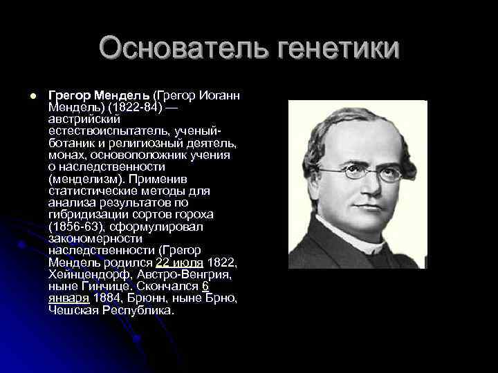 Основатель генетики l Грегор Мендель (Грегор Иоганн Мендель) (1822 -84) — австрийский естествоиспытатель, ученыйботаник