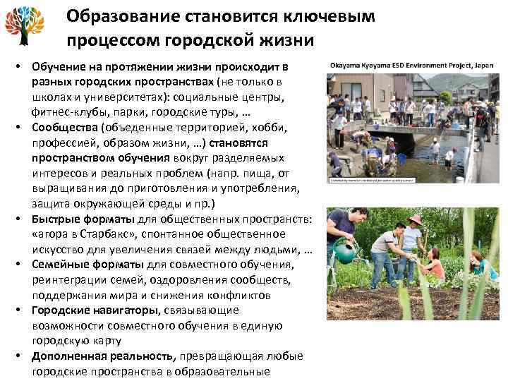 Образование становится ключевым процессом городской жизни • Обучение на протяжении жизни происходит в разных