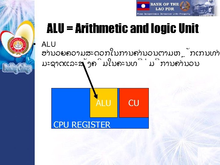 ALU = Arithmetic and logic Unit • ALU ອຳນວຍຄວາມສະດວກໃນການຄຳນວນຕາມຫ ກເກນທຳ ມະຊາດ ແລະ ສ ງຄ