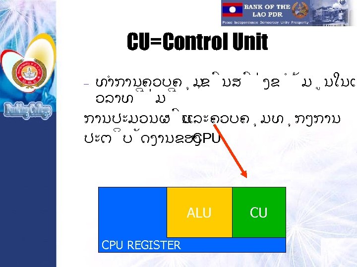 CU=Control Unit ທຳການຄວບຄ ມ , ຂ ນສ ງຂ ມ ນໃນເ ວລາທ ມ ການປະມວນຜ ນ